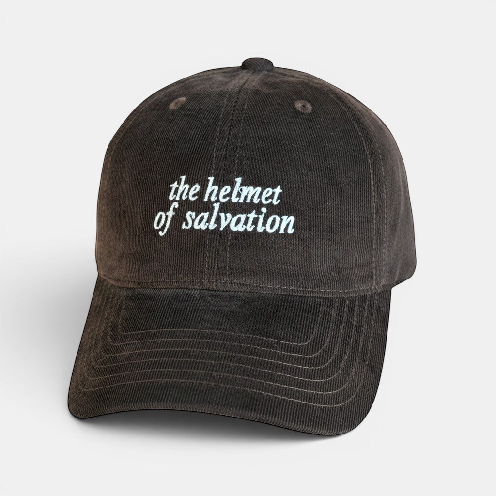 Shalom Living brown corduroy cap with "the helmet of salvation" embroidered in white. Adjustable adult size.