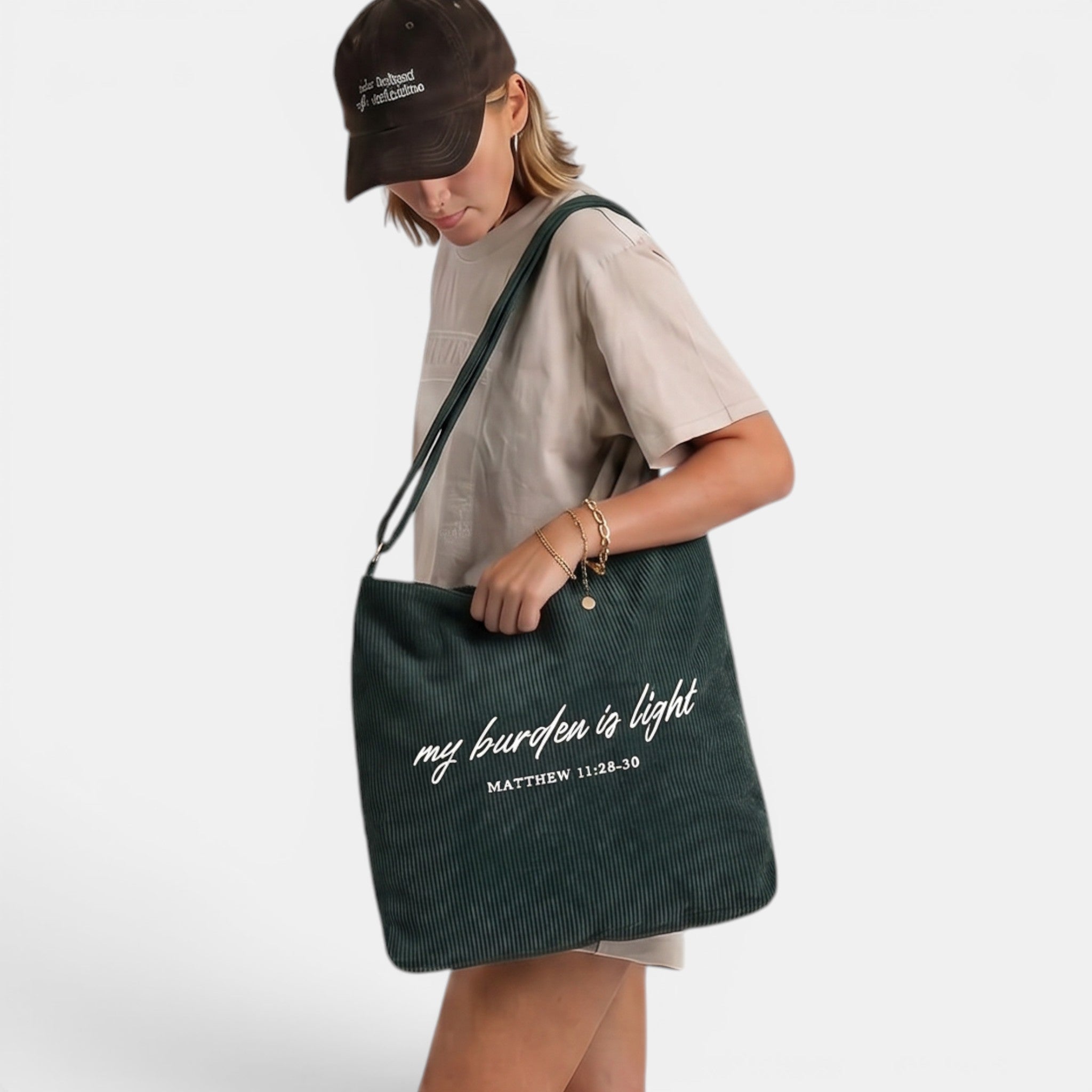Shalom Living dark green corduroy tote bag with