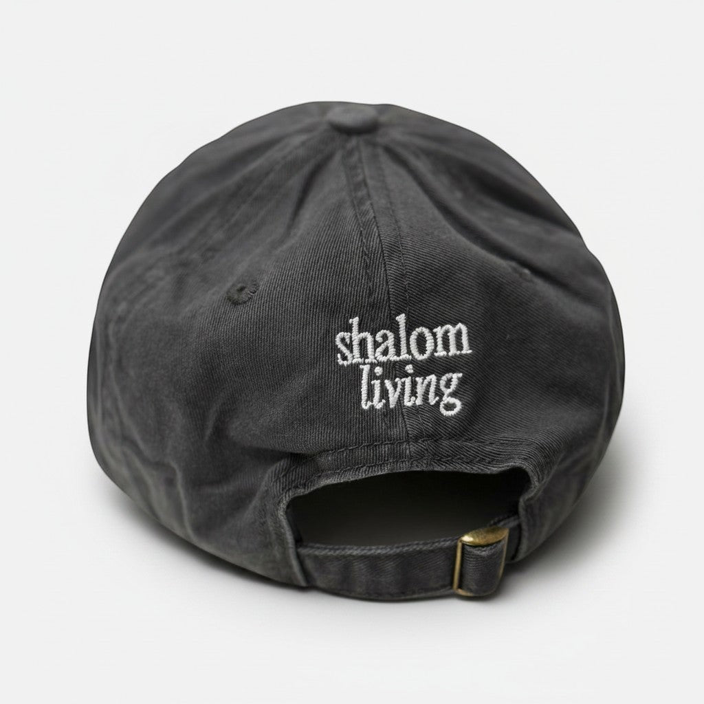 Shalom Living grey vintage-washed cotton XL cap with embroidered logo and adjustable metal buckle back closure