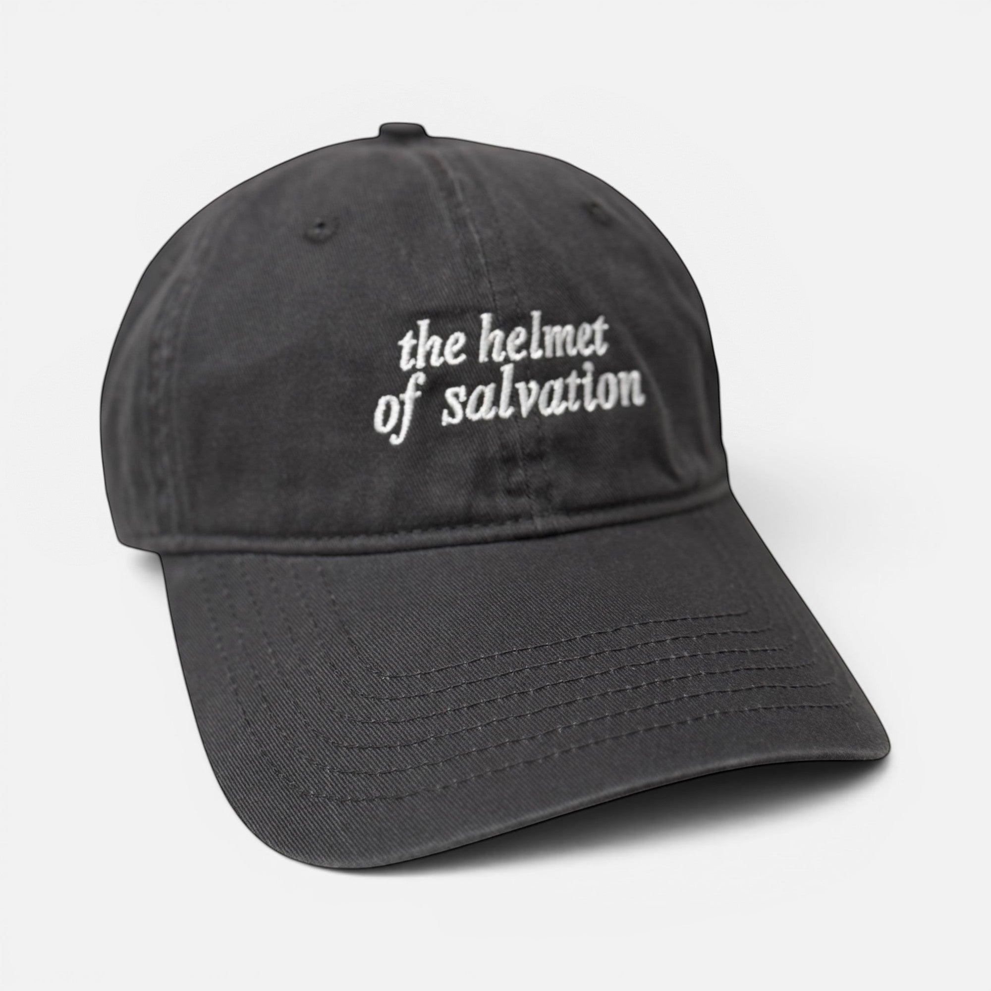 Shalom Living vintage washed grey XL cotton cap with embroidered the helmet of salvation text and curved brim