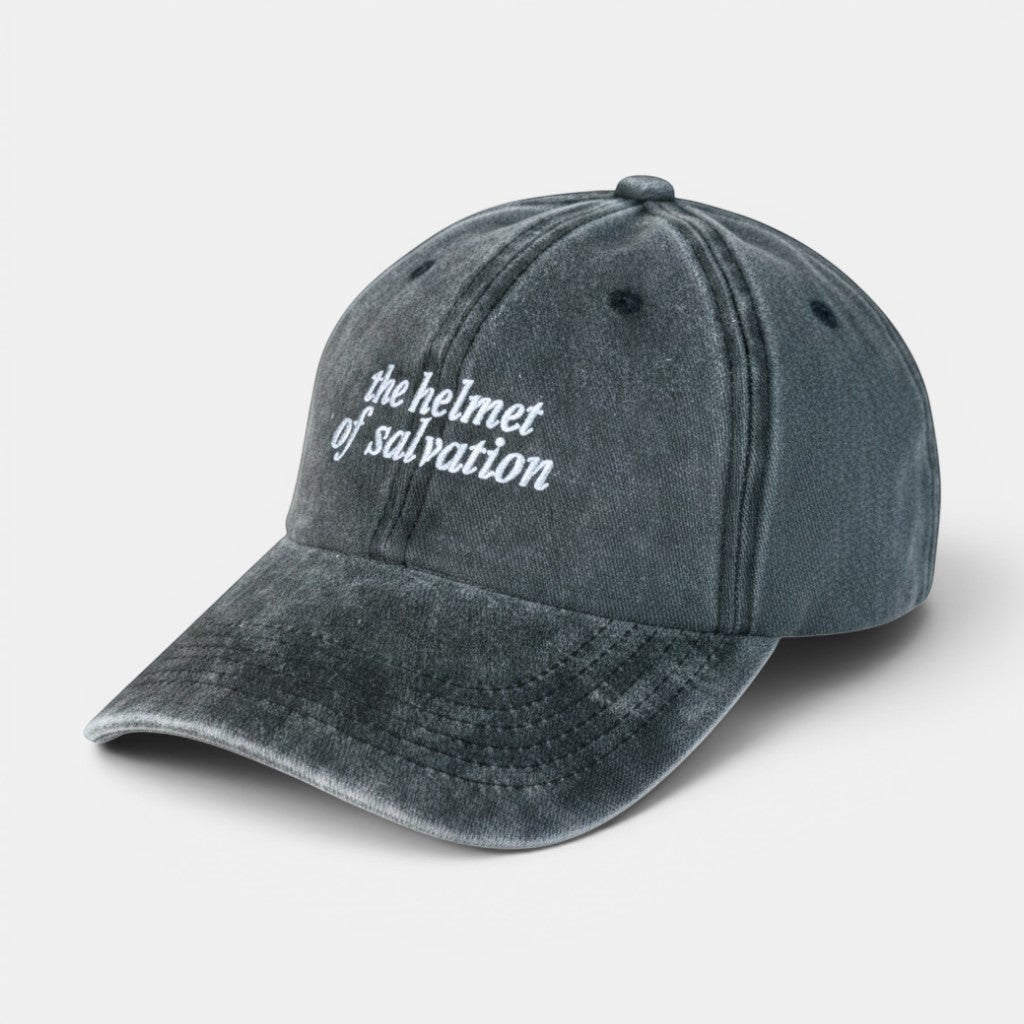 Shalom Living dark grey vintage washed cotton adjustable cap with "the helmet of salvation" embroidered on the front.