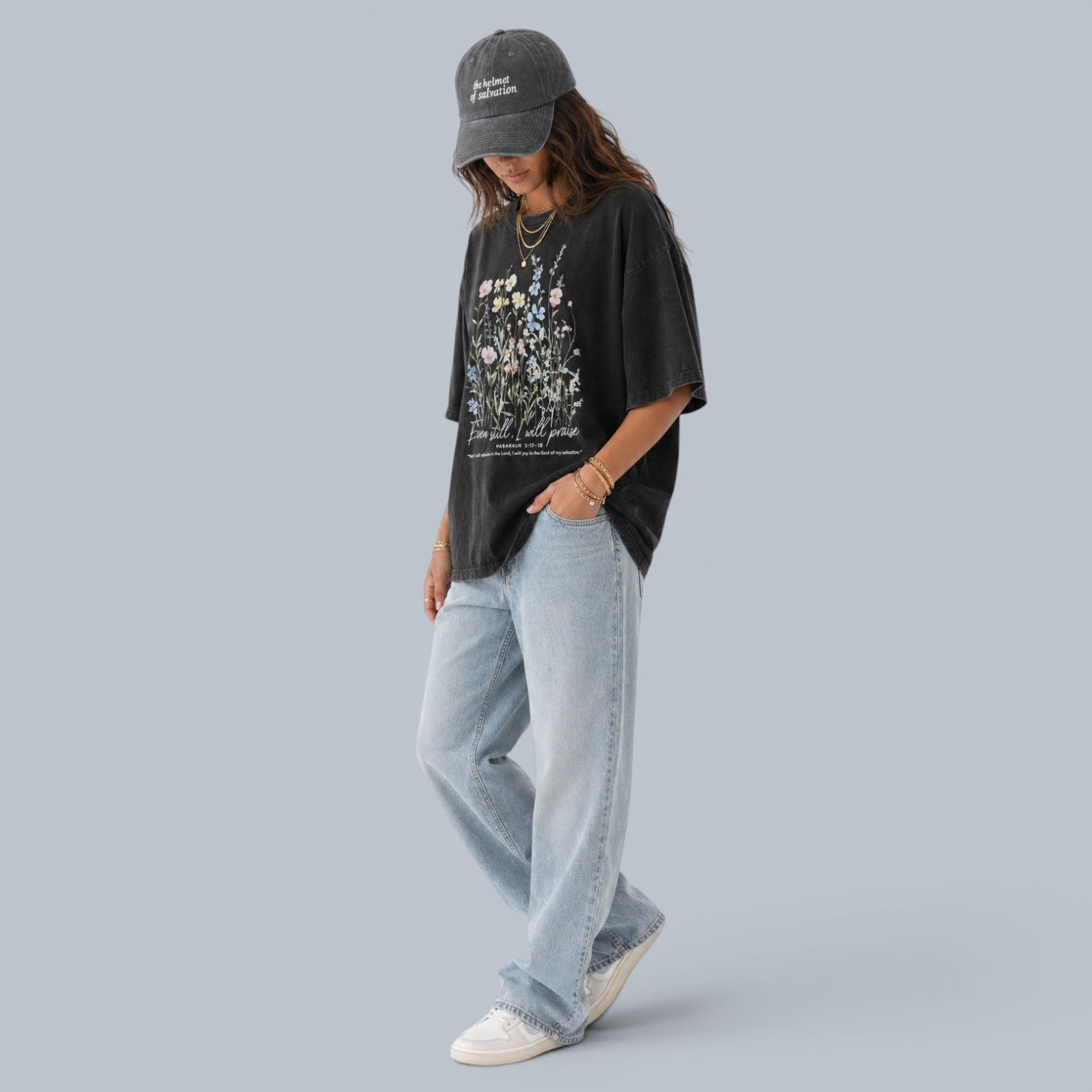 Shalom Living black oversized vintage washed cotton t-shirt with floral graphic and text "Even still, I will praise."