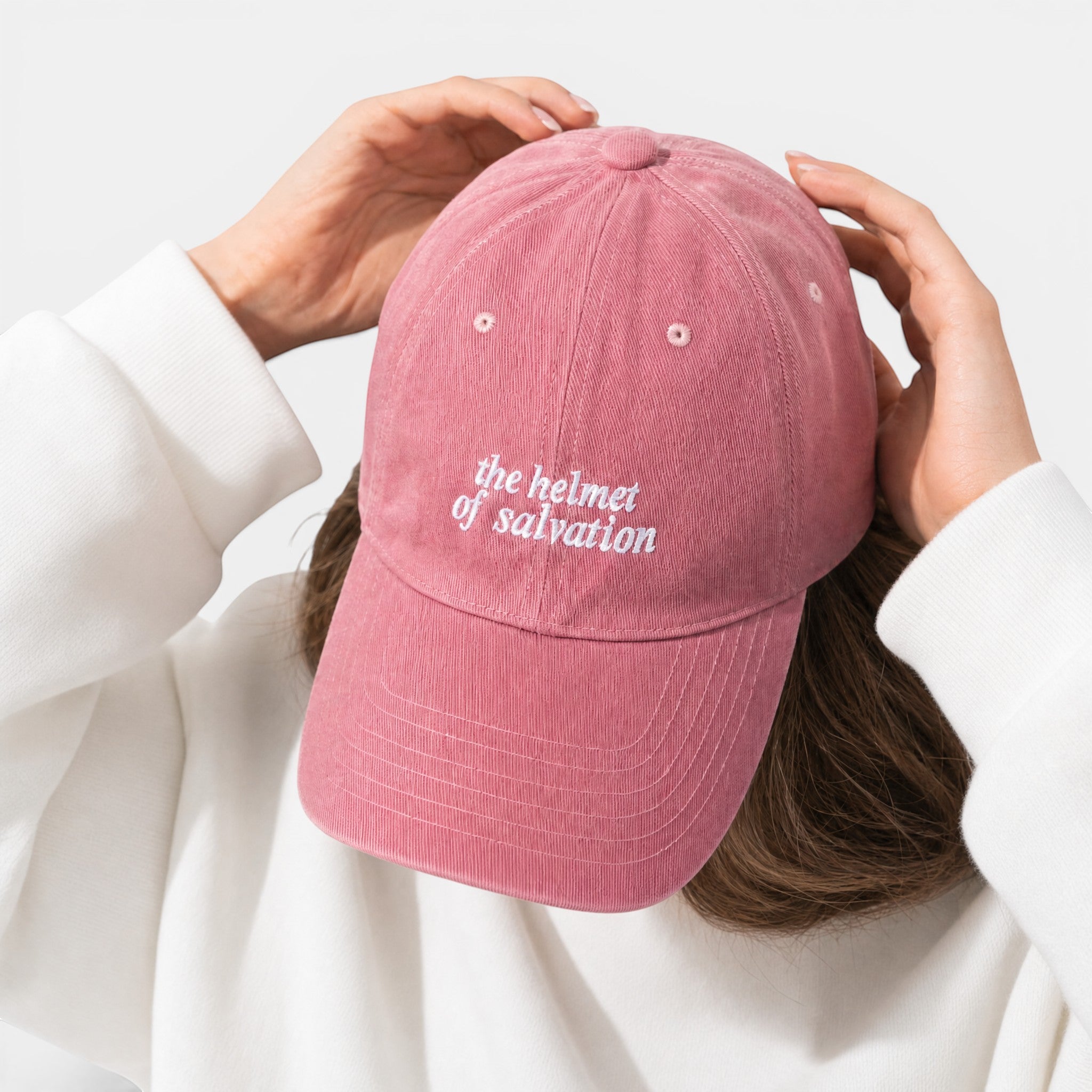 Shalom Living pink corduroy cap with "the helmet of salvation" embroidered in white. Adjustable adult size.