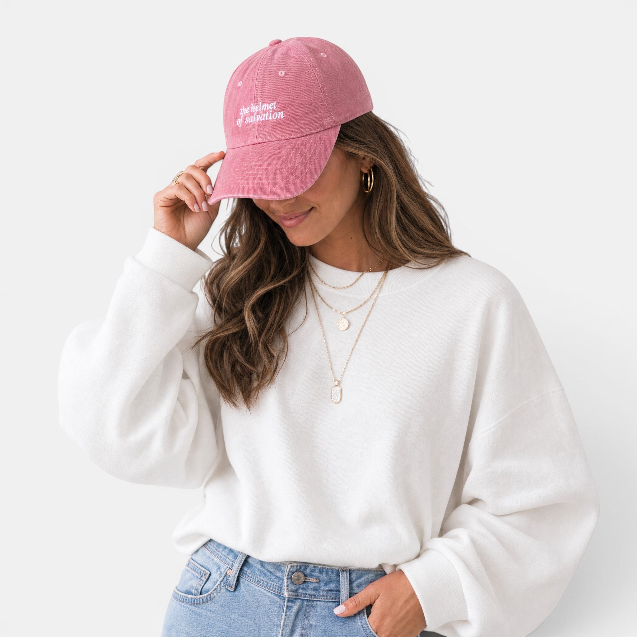 Shalom Living pink corduroy cap with "the helmet of salvation" embroidered on the front. Adjustable adult fit.