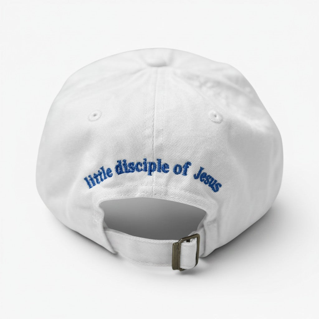Shalom Living white cotton kids cap with Little Disciple of Jesus blue embroidery on the back and metal buckle