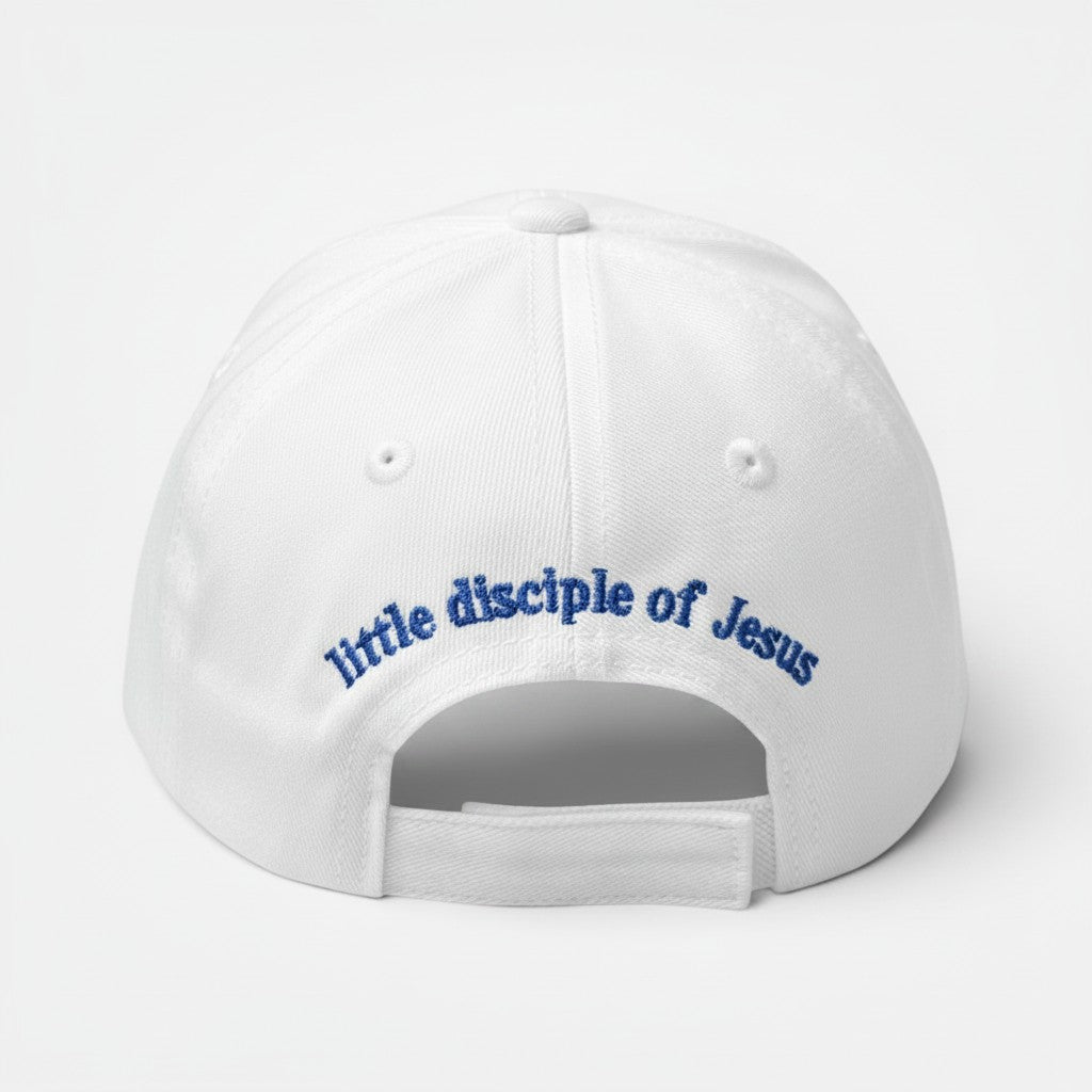 Shalom Living white cotton kids cap with blue Little Disciple of Jesus embroidery on the back and velcro closure