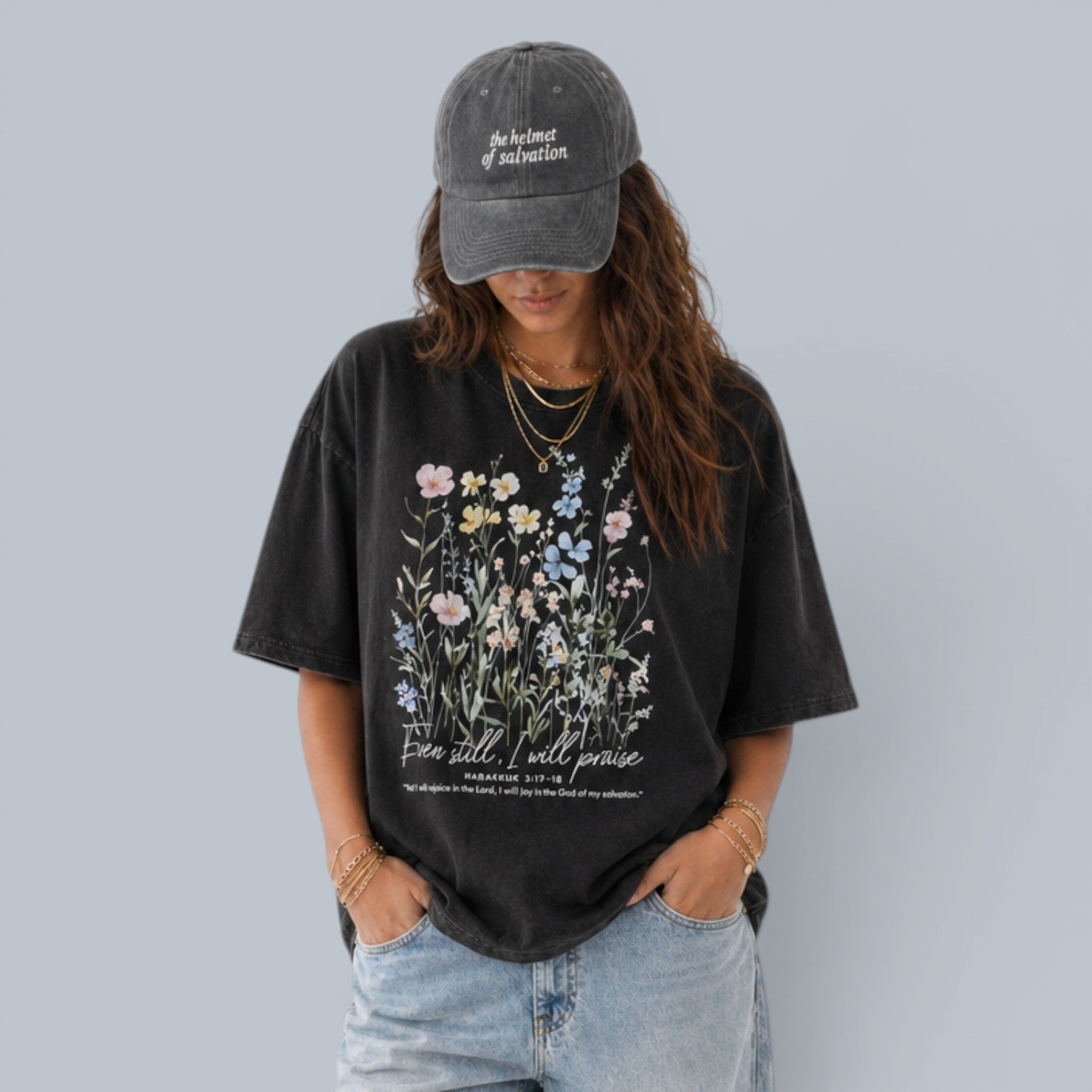 Shalom Living black vintage washed cotton oversized t-shirt with floral graphic and text "Even still, I will praise."