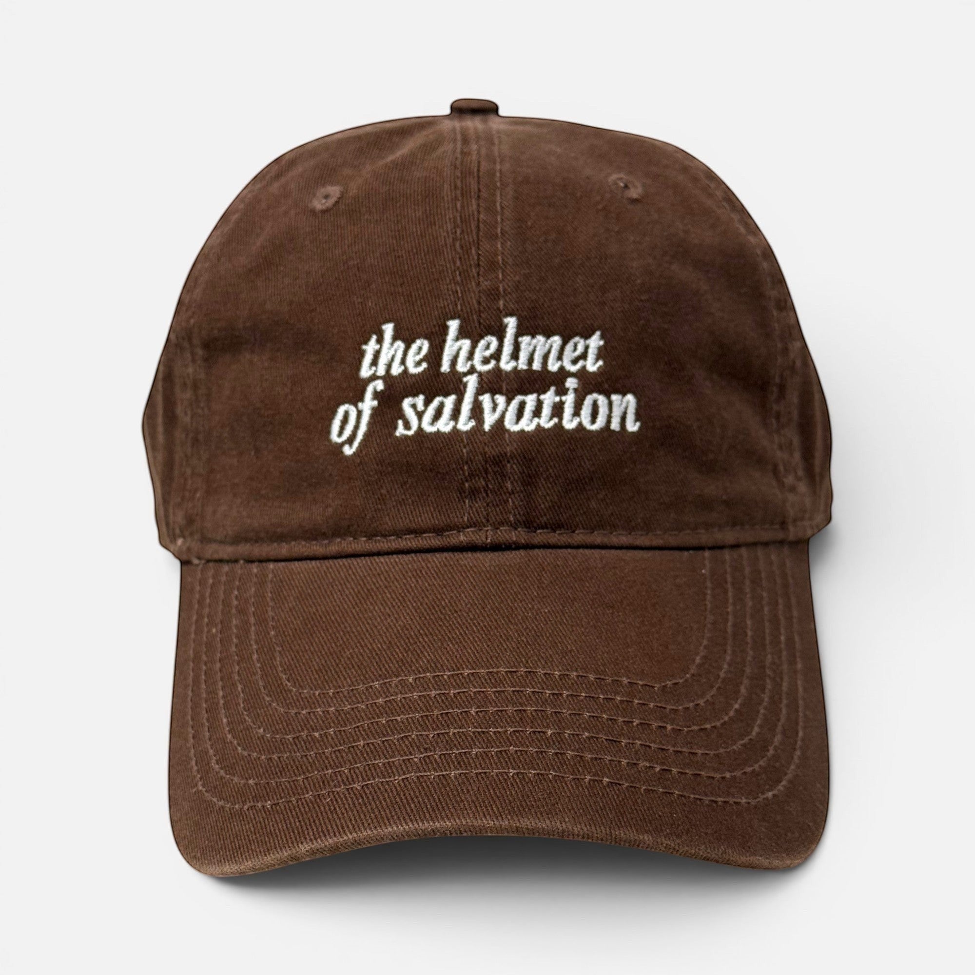 Shalom Living brown cotton XL cap with white embroidered the helmet of salvation text and a classic curved brim.