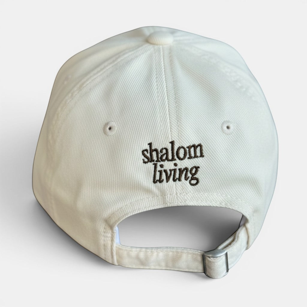 Shalom Living cream corduroy adjustable cap with embroidered logo on back. Faith-based apparel.