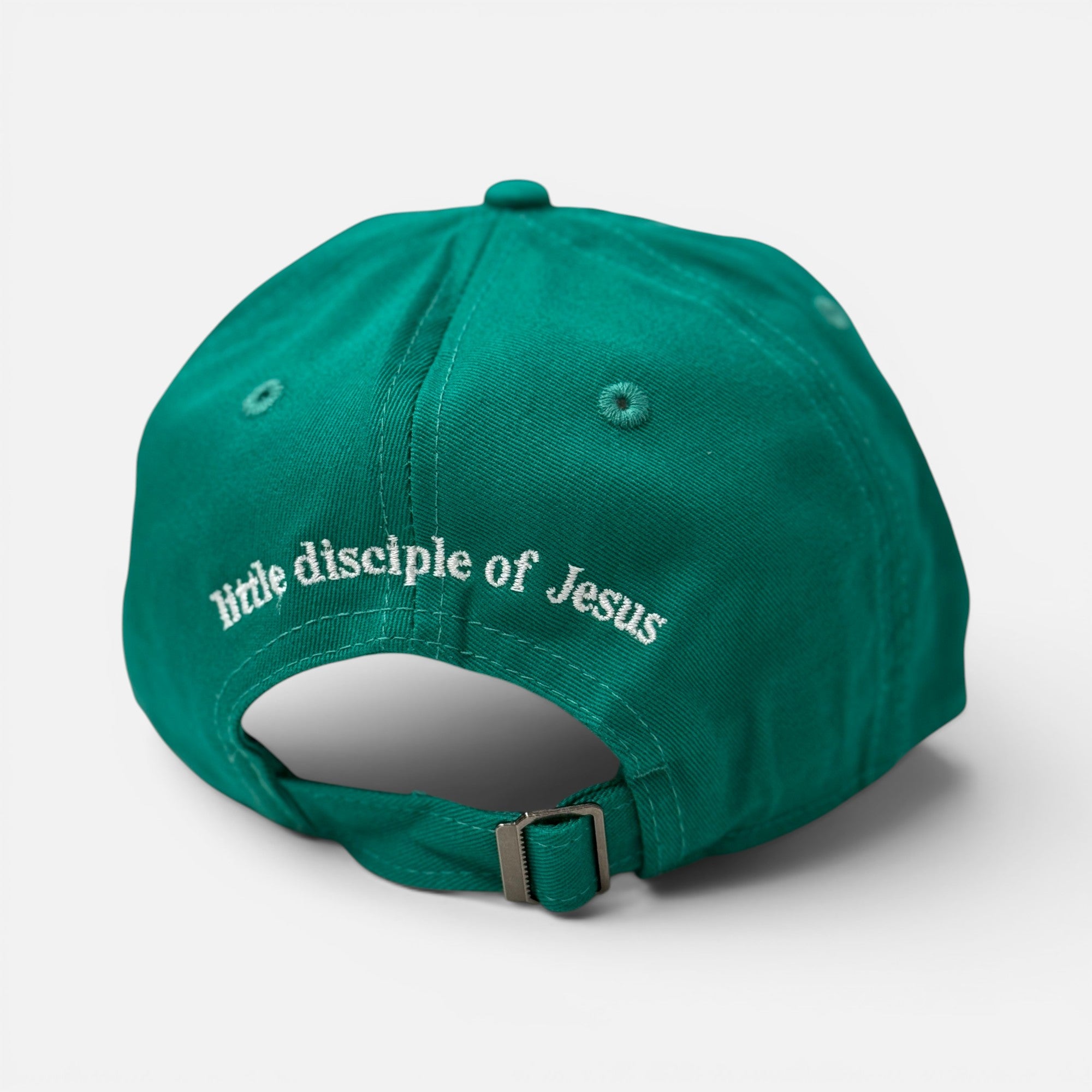 Shalom Living green cotton kids cap with Little Disciple of Jesus embroidery on the back and adjustable metal buckle.