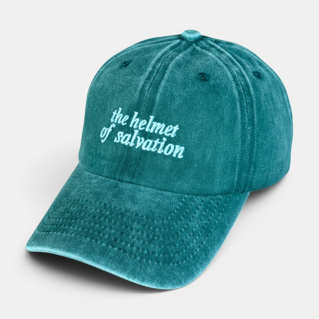 Shalom Living green vintage washed cotton adjustable baseball cap with embroidered text "the helmet of salvation".