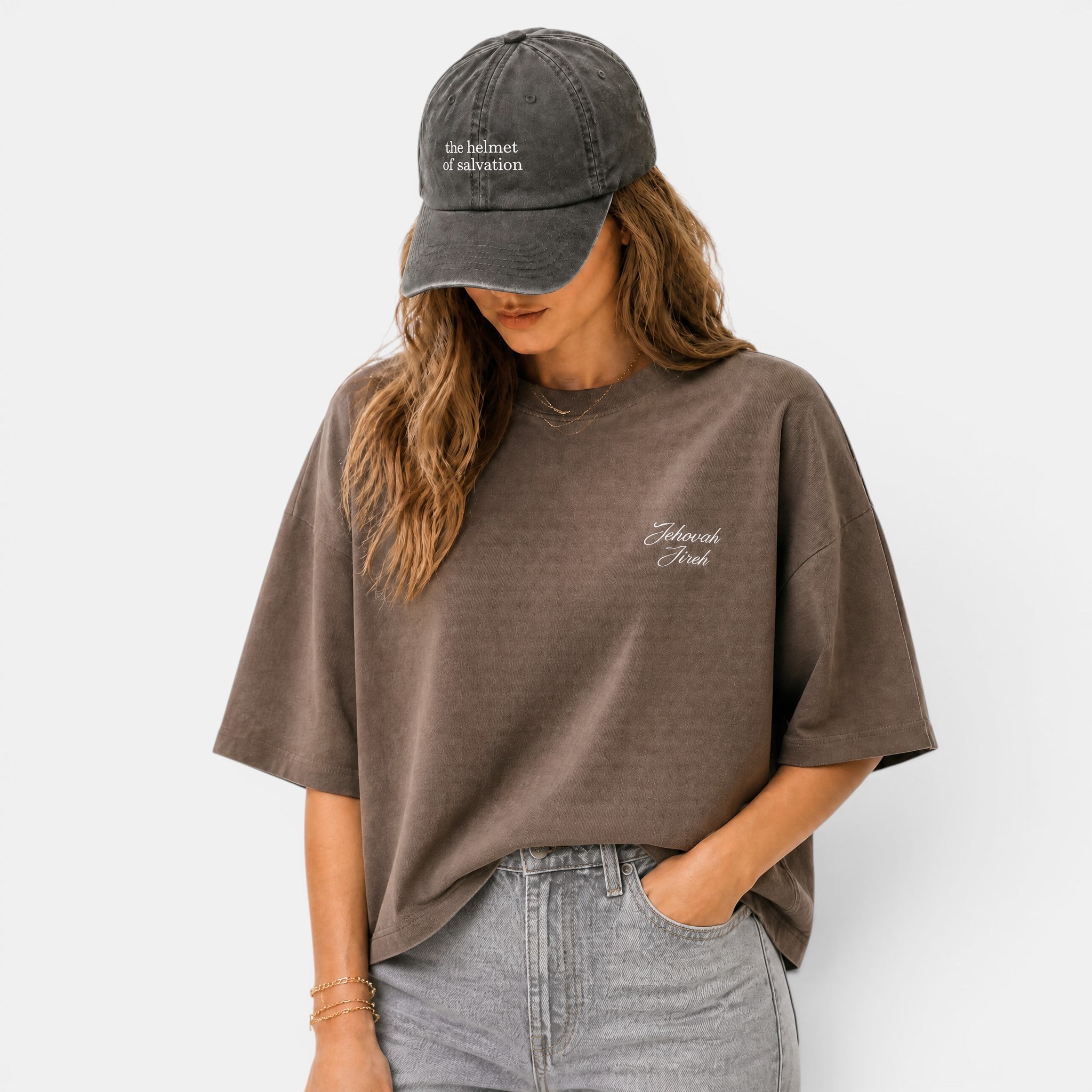 Shalom Living Jehovah Jireh Embroidery Boxy T-Shirt in brown heavyweight cotton with a relaxed fit.