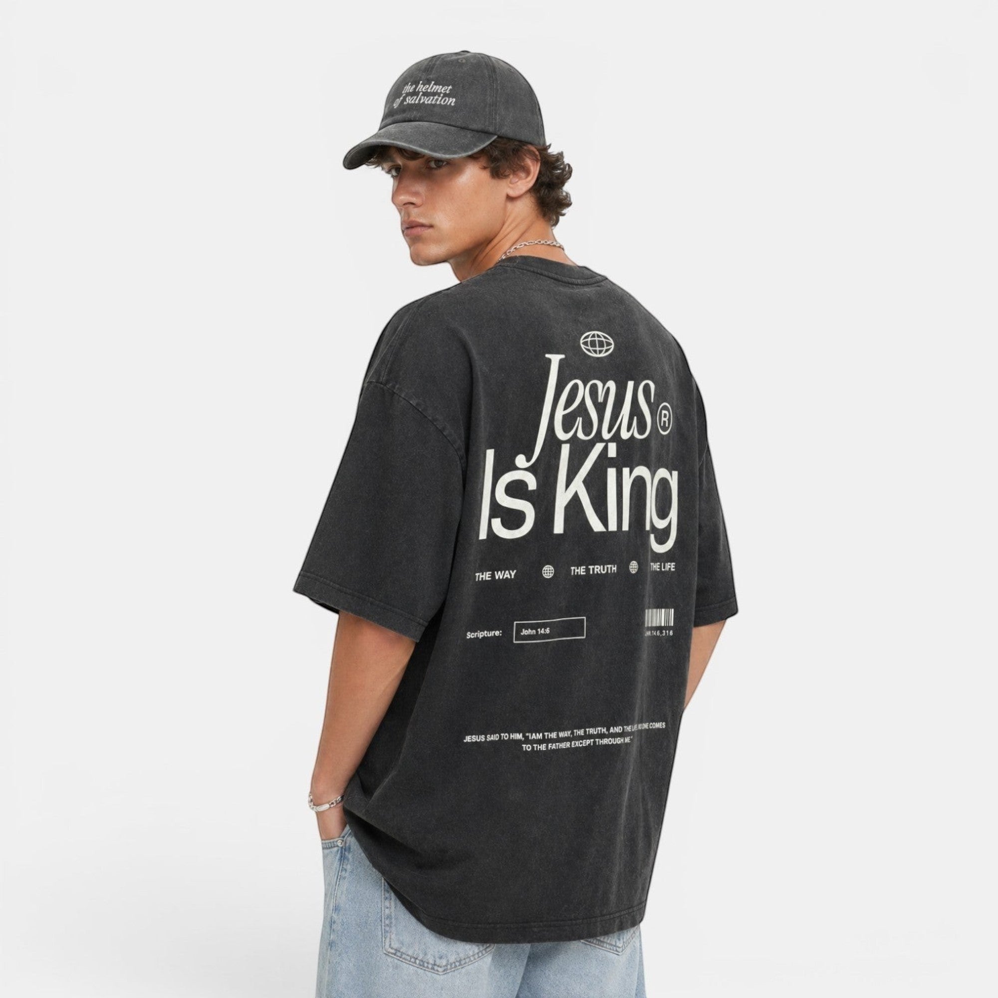 Shalom Living charcoal grey oversized vintage washed cotton t-shirt with "Jesus Is King" graphic and scripture reference John 14:6 on back.