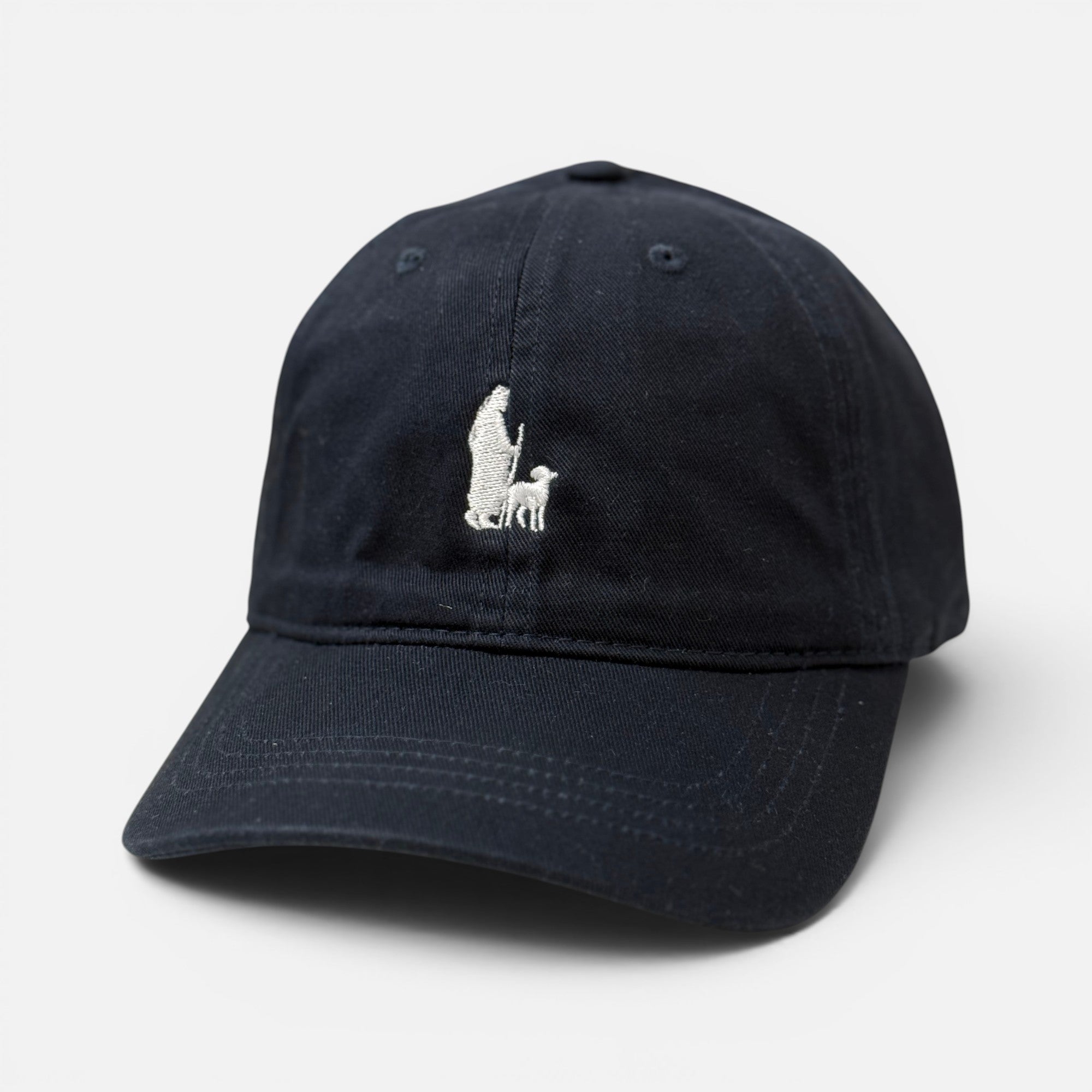 Shalom Living navy blue cotton kids cap with white embroidered shepherd and sheep design on the front curved brim