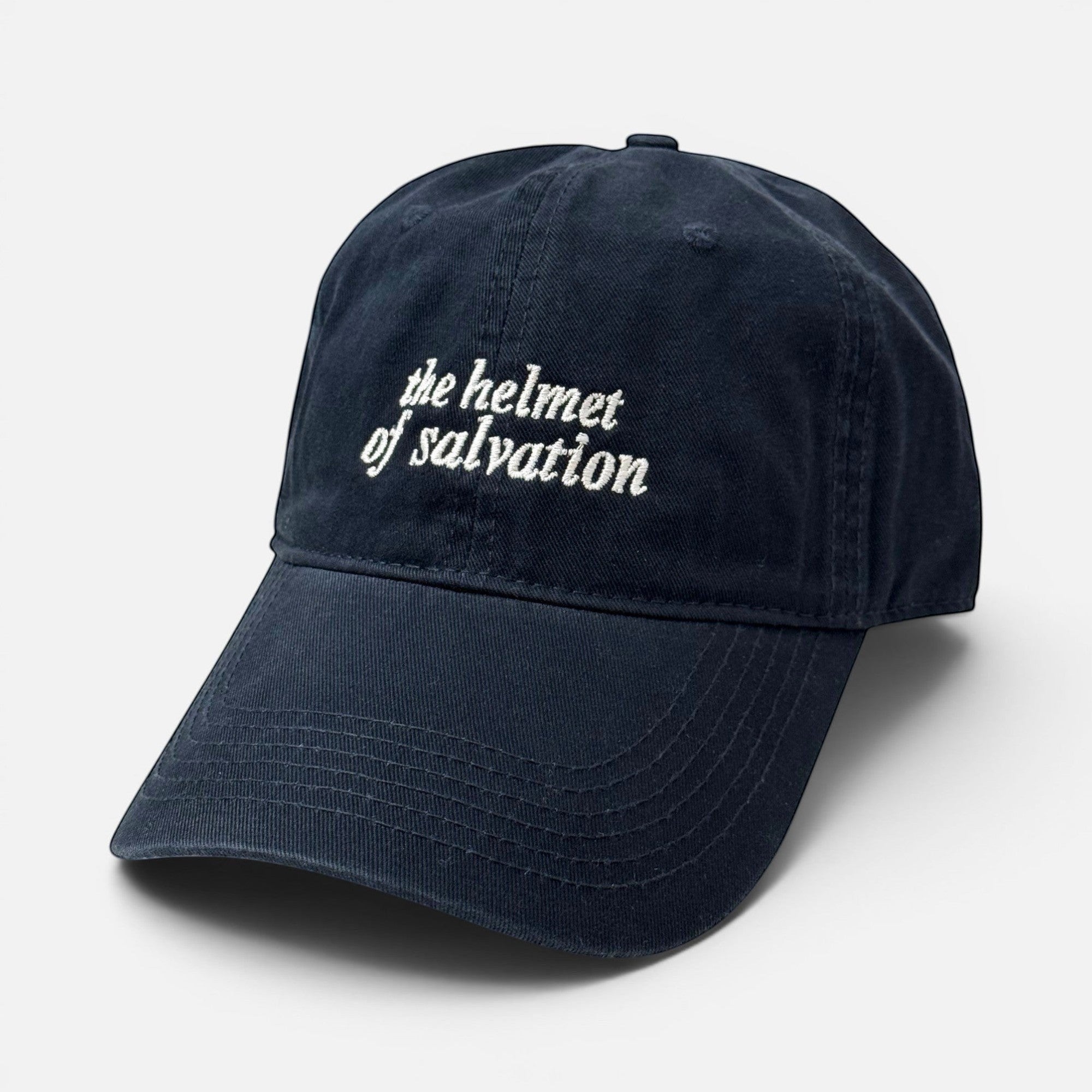 Shalom Living navy cotton XL baseball cap with embroidered the helmet of salvation text and curved brim