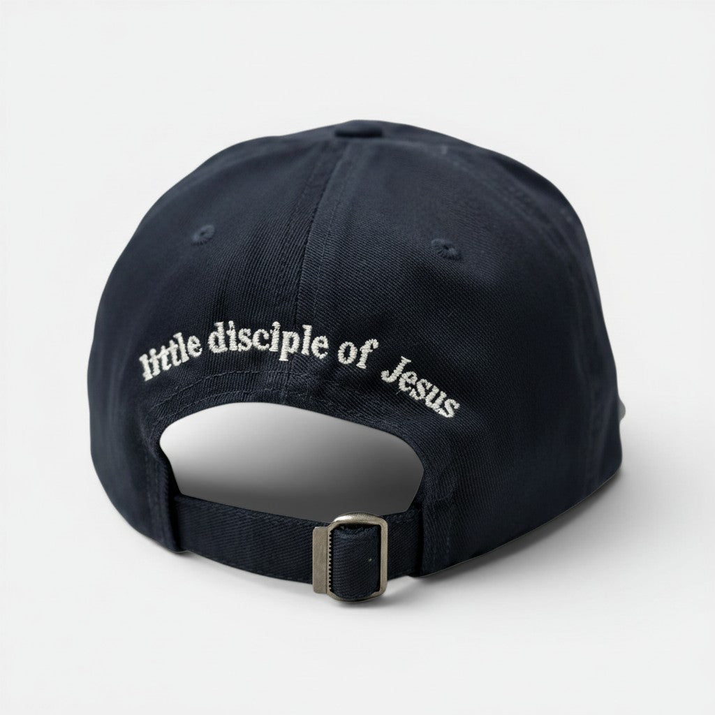 Shalom Living navy blue cotton kids cap with Little Disciple of Jesus embroidery on the adjustable metal buckle back