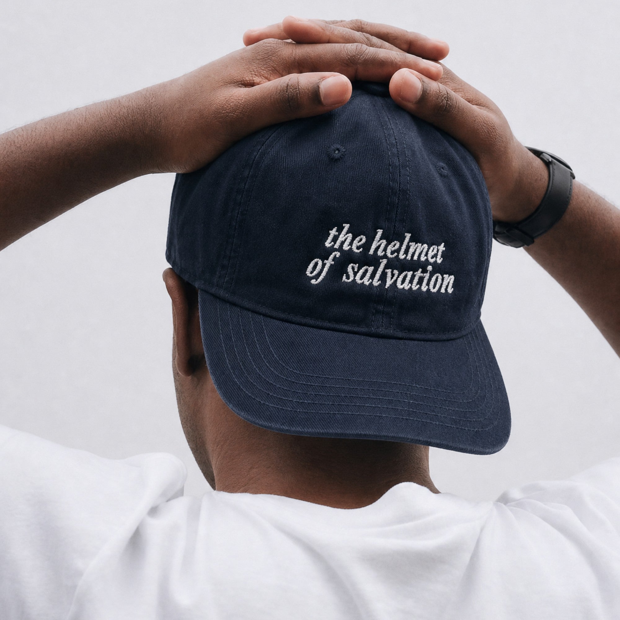 Shalom Living navy vintage-washed cotton XL cap with embroidered the helmet of salvation text on the back