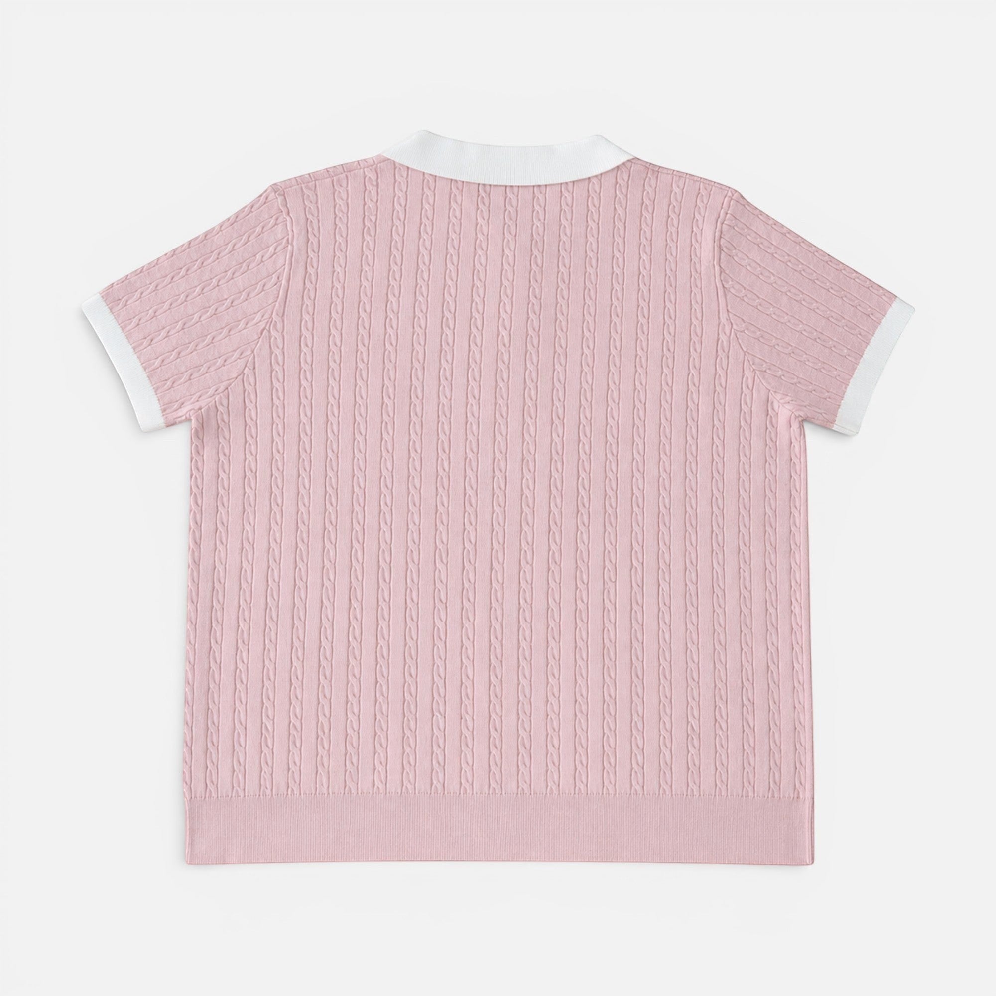 Shalom Living pink cable knit polo shirt with short sleeves and a white contrast collar, back view.