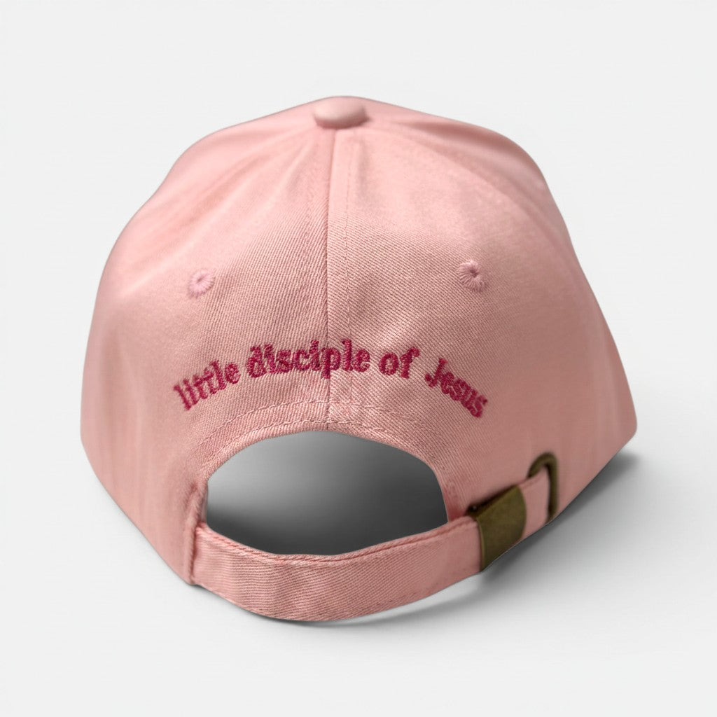 Shalom Living pink cotton kids cap with Little disciple of Jesus embroidery on the back and adjustable metal buckle.