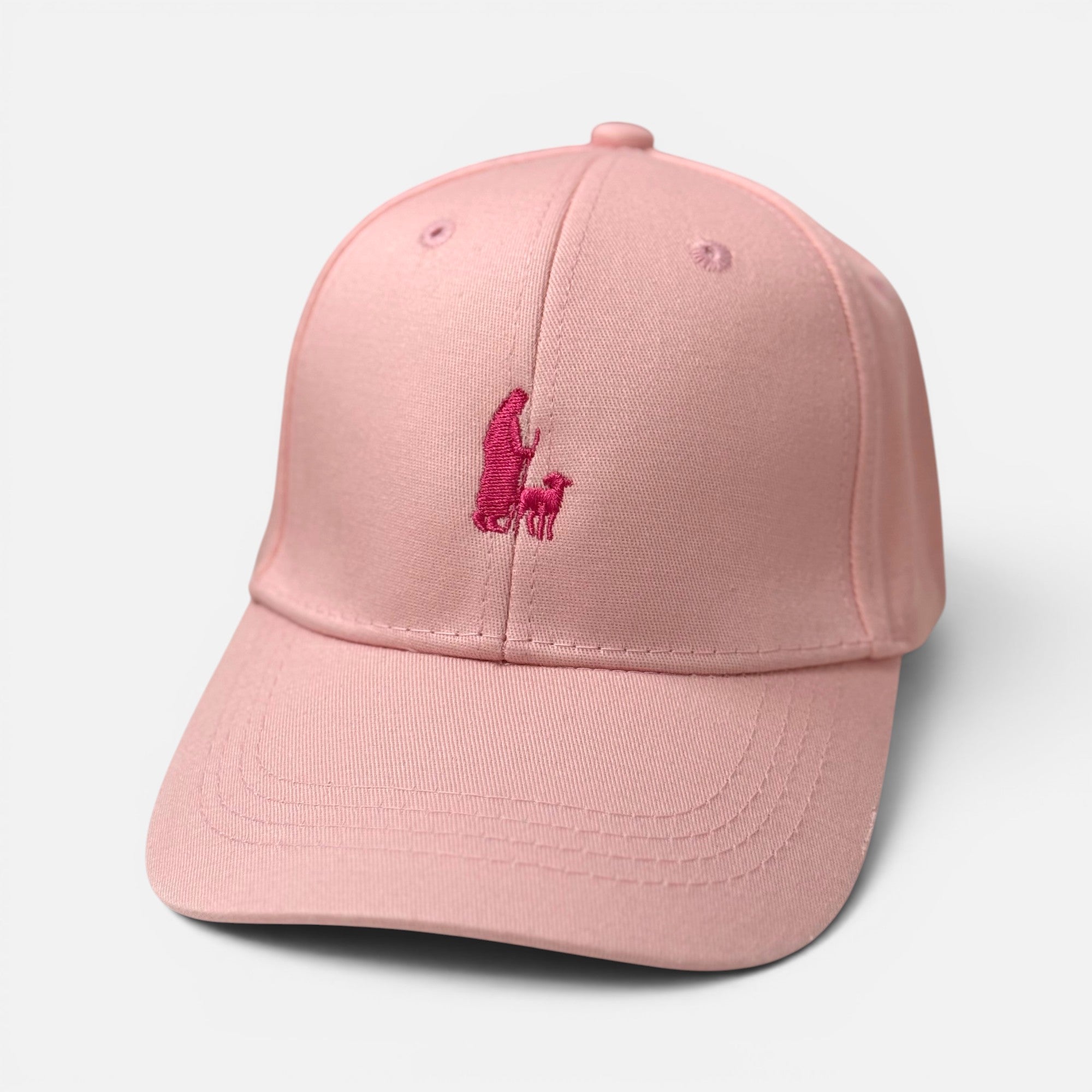 Shalom Living pink cotton kids cap with embroidered Jesus and lamb design and curved brim