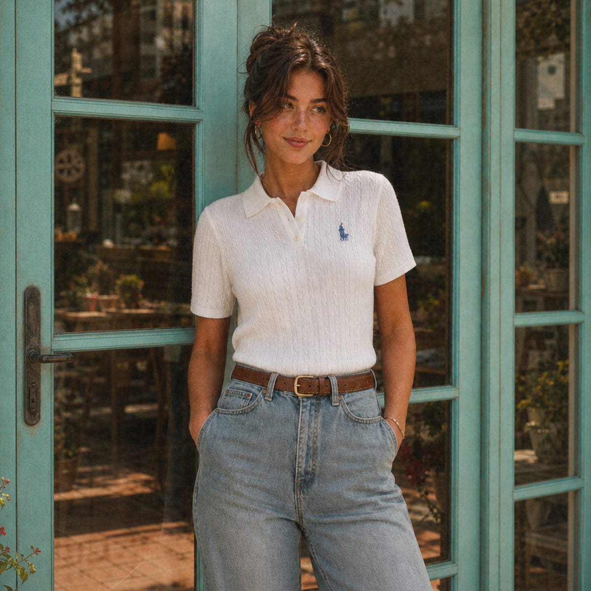 A woman wearing a white Shalom Living cable knit polo shirt with an embroidered shepherd detail, tucked into jeans.