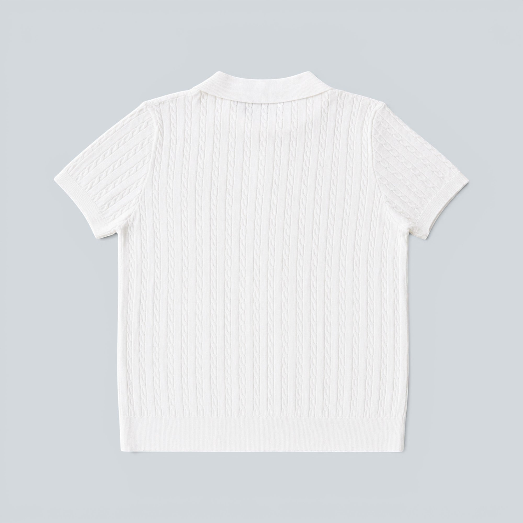 Back view of a white Shalom Living cable knit polo shirt with a classic collar and short sleeves.