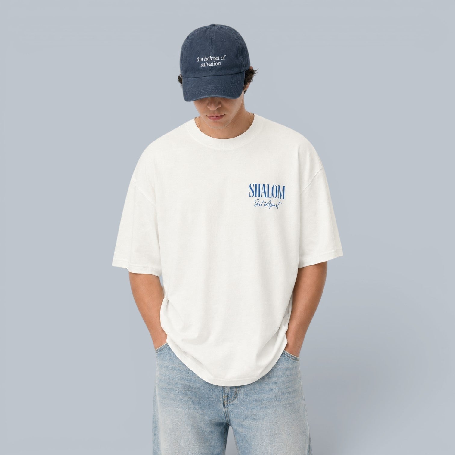 Shalom Living white oversized cotton t-shirt with blue